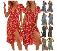 Fhuulyy Robe Portefeuille Femme Imprimé Bohème Florale Femme Chic Mi-Longue Robe à Volants Fendue Col en V Cache Coeur à Manches Courtes (Rouge, XXL)
