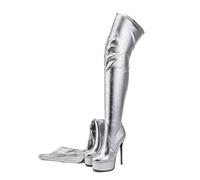 FHVCMTG Talons Hauts High Heels Bottes Cuissardes Plateforme Femmes Escarpins Bout Rond Talon Aiguille Chaussures Soirée Tendance pour Danse 16cm,Silver,38