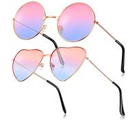 Fiada 2 Paires Lunettes de Soleil Hippies Lunettes de Soleil Rétro Lunettes de Soleil Vintage Lunettes de Soleil Rondes et Forme de Cœur pour Déguisement Costume Hommes Femmes (Rose Bleu)