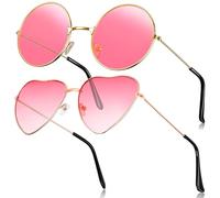 Fiada 2 Paires Lunettes de Soleil Hippies Lunettes de Soleil Rétro Lunettes de Soleil Vintage Lunettes de Soleil Rondes et Forme de Cœur pour Déguisement Costume Hommes Femmes (Rose)