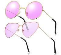 Fiada 2 Paires Lunettes de Soleil Hippies Lunettes de Soleil Rétro Lunettes de Soleil Vintage Lunettes de Soleil Rondes et Forme de Cœur pour Déguisement Costume Hommes Femmes (Violet)