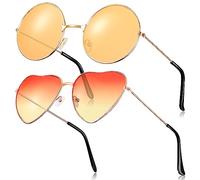 Fiada 2 Paires Lunettes de Soleil Hippies Rétro Vintage Rondes et Forme de Cœur pour Déguisement Costume Hommes Femmes (Orange)