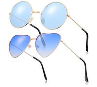 Fiada 2 Paires Lunettes de Soleil Hippies Rétro Vintage - Rondes et Forme de Cœur pour Déguisement Costume Hommes Femmes (Bleu)