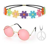Fiada 3 Pièces Set de Costume de Hippie Accessoires de Hippie pour Femmes Deguisement de Hippie des Années 70 et 80 Lunettes de Soleil Rondes Collier de Signe de Paix Bandeau Hippie Coloré pour Femme