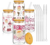 Fiada 4 Sets Cadeau Femme Noël Tasse à Café avec Couvercle et Paille 16 oz Verre Matcha Réutilisable Canette de Boisson en Verre Cadeau Nouvel An Anniversaire pour Amie Enseignante Collègue(Noël)