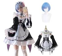 Fiamll Costume de cosplay de l'anime Ram Rem Emilia Tenue Re Life In A Different World From Zero Maid Robe Uniforme Ensemble complet Costume de carnaval avec perruque pour femmes et filles