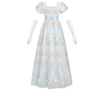 Fiamll Robe de bal Regency pour femme - Taille empire - Robe de bal - Costume Renaissance cottagecore avec gants, bleu, S