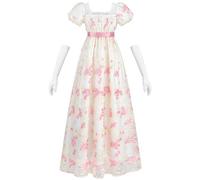 Fiamll Robe de bal Regency pour femme - Taille empire - Robe de bal - Costume Renaissance cottagecore avec gants, Rose, S