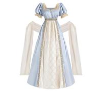 Fiamll Robe Victorienne Robe Regency Robe Empire Taille Robes 19ème Siècle Robe de Bal avec Écharpe Robe Maxi Renaissance Robe de Soirée Gala, bleu, S