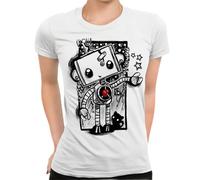 FIATI00P Gothic Robot & Cat Cute Women's T-Shirt Screen Printed - Goth Hand Sketch
