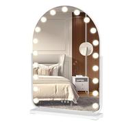 Fiauli Miroir de Maquillage LED Arqué 50x70 cm avec 17 Ampoules, Toucher Tactile & Mémoire d'Éclairage, Coiffeuse Grossissant 10x Intégré, Cadre en Fer Forgé, pour Salle Bain, Chambre, Blanc
