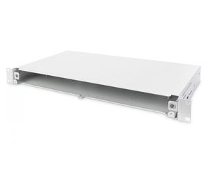 Fiber optic cross-connect panel without front plate, 19" 1U, retractable, cable gland PG13.5 and PG16, cable ties and brackets, gray