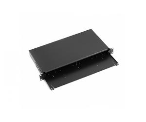 Fiber optic cross-connect panel without front plate, 19" 1U, retractable, cable gland PG13.5 and PG16, cable ties and brackets, black