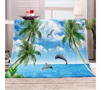 FIBITA Couverture 3D Océan Tropical Plaid Polaire 180x220 Palmier Couverture en Flanelle Dauphin, Couvertures et Plaids Chaude et Douillet, pour Canapé lit et Chaise