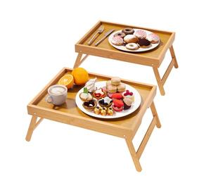 Fibogollo Lot de 2 plateaux de lit en bambou avec pieds pliants, plateaux de petit-déjeuner, plateau de service pour nourriture et collation, plateaux pour ordinateur portable pour le travail (naturel