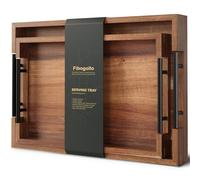 Fibogollo Lot de 2 plateaux de service rectangulaires en bois d'acacia avec poignée en métal - 38 x 25 cm - Plateau ottoman décoratif pour petit-déjeuner, vaisselle, boissons