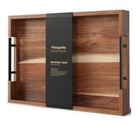 Fibogollo Plateau de service rectangulaire en bois d'acacia avec poignée en métal, 43 x 30 cm, plateau ottoman décoratif pour petit déjeuner, vaisselle, boissons, grand