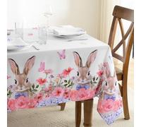FIBORIA Nappe Grande Pâques 150x300 cm Lapin Motif Floral Rose Nappes Blanche Exterieure Lavable Déperlant Elégant Rectangulaire Linge de Table pour Table de Jardin Printemps Anniversaire Picnic