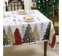 FIBORIA Nappe Noel de Rectangulaire 240 x 140 cm Blanche à Motif de Flocons de Neige et sapins colorés Nappes Anti Tache Tissu Décor de Moderne Table pour extérieurs,Jardin,fêtes,Cuisine,Nouvel an