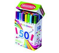 FIBRACOLOR Marqueurs Bipunta 544, boîte compacte 50 pièces, 50 couleurs différentes, pointe conique et pointe fine, double trait d'écriture, superlavables