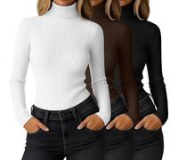 Ficerd Lot de 3 Hauts Col Roulé Thermique Femme à Manches Longues Côtelé Élastique Ajusté Léger T-Shirt de Base(XXL,Noir, Marron, Blanc)