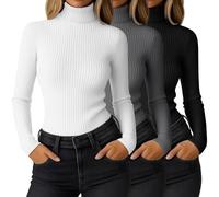 Ficerd Lot de 3 Hauts Col Roulé Thermique Femme à Manches Longues Côtelé Élastique Ajusté Léger T-Shirt de Base(XXL,Noir, Gris Anthracite, Blanc)
