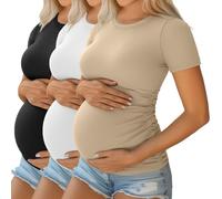 Ficerd Pack de 3 Chemises de Grossesse | En Coton, Manches Courtes, Tissu Raye, Plisse Lateral, Ete, Pour Futures Mamans, Travail, Decontracte