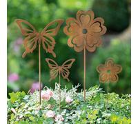 Fiche de jardin "Fleur & Papillon", set de 4, en métal aspect rouille, hauteur 34-55 cm, fiche décorative, décoration de jardin pour l'extérieur