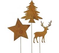 Fiche de jardin rouille noble Cerf Étoile Sapin Décoration Forêt d'hiver Set de 3 pièces aspect rouille Métal