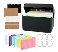 Fiches Boîte D'index Noire, 14,5 x 8 x 9 cm, Boîte à Fiches, Boîtes à Cartes Flash Cards, Comprend 230 Fiche Colorées, 15 Intercalaires, 6 Anneaux, 6 Autocollants, pour École, Bureau