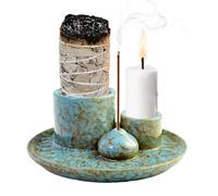 FICOFISE Porte-Sauge en Céramique 4-en-1, Brûleur d'Encens pour Palo Santo, Sauge Blanche & Bougies | Support Encens Idéal Décoration Maison, Méditation & Yoga