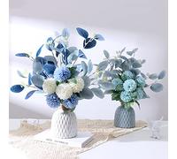 Fictory Bouquet d'hortensia artificiel avec feuilles d'eucalyptus, fleurs en soie au toucher réaliste pour bouquet de mariage, décoration d'intérieur, centre de table, 47 cm