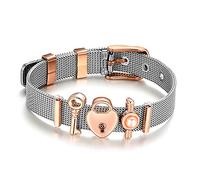 Fictory Bracelet en maille d'acier inoxydable pour femme avec boucle rose réglable, breloques élégantes, idée cadeau tendance