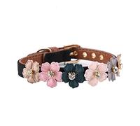 Fictory Collier réglable pour chien et chat avec fleur en strass, cuir PU souple pour petits et moyens animaux, tour de cou de 29 à 38 cm, couleur noire