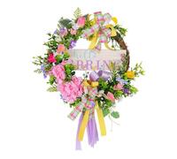 Fictory Couronne de printemps avec panneau en bois, couronne décorative avec nœud en ruban coloré pour fenêtre et décoration d'intérieur