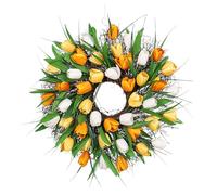 Fictory Couronne de tulipes artificielles de 40 cm, arrangement floral dense avec base en rotin, suspension de porte pour décoration murale et portail de printemps Jaune clair
