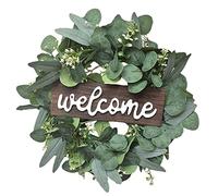 Fictory Couronne d'eucalyptus artificiel avec panneau en bois, 30 cm, feuille de soie verte à suspendre, décoration à suspendre pour intérieur ou extérieur