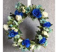 Fictory Couronne florale bleue avec roses et chrysanthèmes - 41 cm - Décoration murale en rotin pour décoration de porte ou de mariage