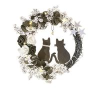 Fictory Décorations d'Halloween, couronne ronde de chat blanc avec lumières LED, lune chat à suspendre au mur pour porte et fenêtre, décoration de festival effrayante