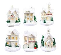 Fictory Ensemble de 6 pièces de village de Noël en résine - Paysage miniature lumineux - Décoration de maison blanche pour table, cadeau de vacances