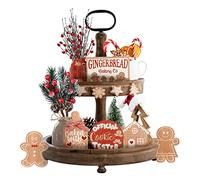 Fictory Ensemble de décoration de Noël en bois de pain d'épices, plateau à étages avec perles, panneaux de table festifs pour décoration de maison, cabine rustique, étagère de cuisine