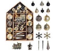 Fictory Ensemble d'ornements noirs et dorés en forme de maison avec boîte en papier kraft, boules de Noël de tailles assorties pour décoration d'arbre et cadeau de vacances