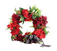 Fictory Guirlande de géranium artificiel avec fleurs rouges, couronne printemps-été pour porte d'entrée, décoration murale d'intérieur et d'extérieur, rotin et décorations florales en soie
