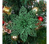 Fictory Lot de 10 fleurs de Noël artificielles à paillettes vertes de 14 cm avec design creux et clip amovible pour décoration de couronne d'arbre de Noël