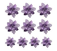 Fictory Lot de 10 poinsettia artificielles à paillettes violettes de 9 cm avec clip, décoration creuse en polyéthylène pour décoration d'arbre, couronne de centre de table