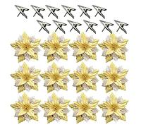 Fictory Lot de 12 fleurs de Noël dorées champagne avec clips, pétales floraux artificiels pointus de 9 cm pour décoration de vacances, arbre, couronne et projets d'artisanat