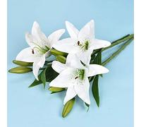 Fictory Lot de 3 lys artificiels, blancs réalistes, tiges de 36 cm avec 1 fleur ouverte et 2 bourgeons, plastique PE pour décoration de maison, fête, mariage