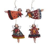 Fictory Lot de 4 décorations d'ange en bois peintes à la main pour sapin de Noël, anges rustiques à suspendre pour décoration de maison de vacances