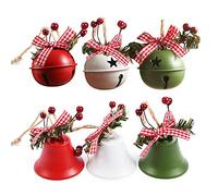 Fictory Lot de 6 cloches de Noël en fer avec baies de houx et corde de jute, décoration de vacances rustique pour arbre et maison