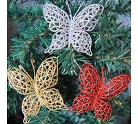 Fictory Lot de 6 papillons de Noël rouges de 7 cm en plastique étincelant pour sapin de Noël, mariage et décoration de fête